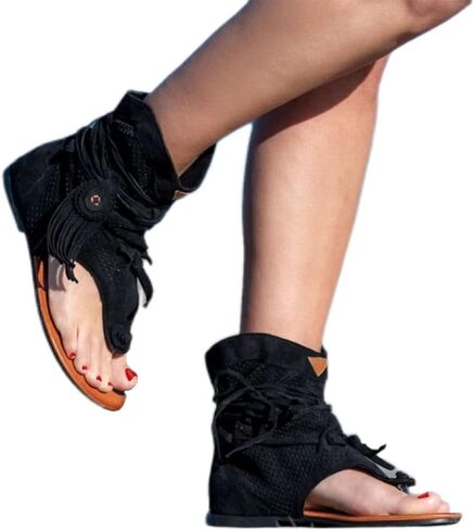 Flat Tassel Gladiator Sandals for Women Casual Summer Bohemian Back Strappy Fringe Sandals Dressy Flip Flops Thong Sandals in Saudi Arabia
