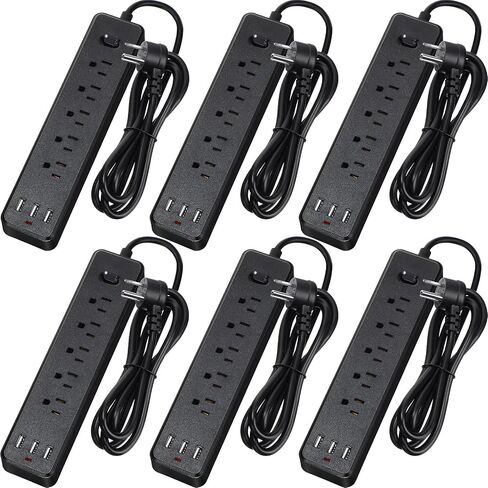 6 Pcs Power Strip 5 Widely Spaced Outlet and 3 USB Ports Surge Protector with 5 ft Extension Cord and Flat Plug Wall Mount Multiple Protections for Office Home Dorm Essentials, Black in Saudi Arabia
