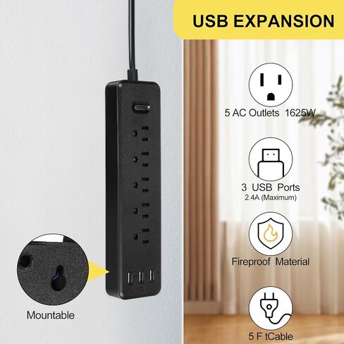 6 Pcs Power Strip 5 Widely Spaced Outlet and 3 USB Ports Surge Protector with 5 ft Extension Cord and Flat Plug Wall Mount Multiple Protections for Office Home Dorm Essentials, Black in Saudi Arabia