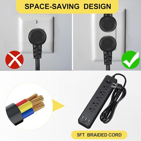 6 Pcs Power Strip 5 Widely Spaced Outlet and 3 USB Ports Surge Protector with 5 ft Extension Cord and Flat Plug Wall Mount Multiple Protections for Office Home Dorm Essentials, Black in Saudi Arabia