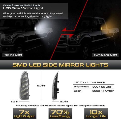 VIPMOTOZ Switchback Full White & Amber LED Side Marker Light Lamp Assembly Replacement Pair For 2003-2007 Ford F250 F350 Super Duty Pickup Truck Towing Mirror in Saudi Arabia