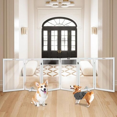 Clear Acrylic Dog Gate, Freestanding Foldable Wooden Dog Gate Dog Fence 4 Panel Pet Gates Stairs, Hallways, or Doorways, Extra Wide Dog Gate 30 inch Height with 2PCS Support Feet, White in Saudi Arabia