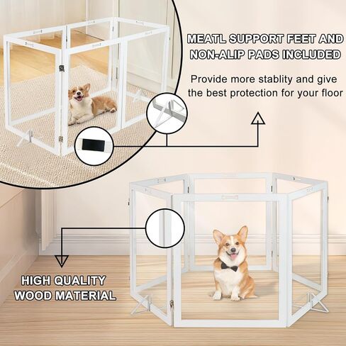 Clear Acrylic Dog Gate, Freestanding Foldable Wooden Dog Gate Dog Fence 4 Panel Pet Gates Stairs, Hallways, or Doorways, Extra Wide Dog Gate 30 inch Height with 2PCS Support Feet, White in Saudi Arabia