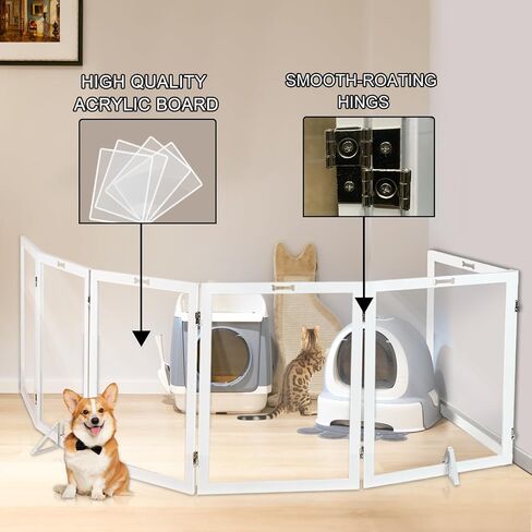 Clear Acrylic Dog Gate, Freestanding Foldable Wooden Dog Gate Dog Fence 4 Panel Pet Gates Stairs, Hallways, or Doorways, Extra Wide Dog Gate 30 inch Height with 2PCS Support Feet, White in Saudi Arabia