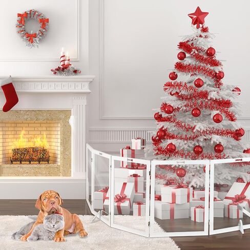 Clear Acrylic Dog Gate, Freestanding Foldable Wooden Dog Gate Dog Fence 4 Panel Pet Gates Stairs, Hallways, or Doorways, Extra Wide Dog Gate 30 inch Height with 2PCS Support Feet, White in Saudi Arabia