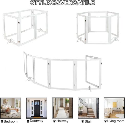Clear Acrylic Dog Gate, Freestanding Foldable Wooden Dog Gate Dog Fence 4 Panel Pet Gates Stairs, Hallways, or Doorways, Extra Wide Dog Gate 30 inch Height with 2PCS Support Feet, White in Saudi Arabia