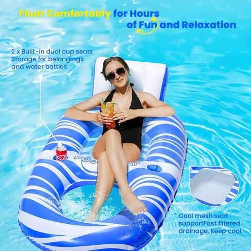 Inflatable Pool Float Lounger Adults with 2 Cup Holders, Backrest & Footrest, Pool Floaties raft for Swimming Lake River Beach Floats, Water Floaty Adults Teens in Saudi Arabia