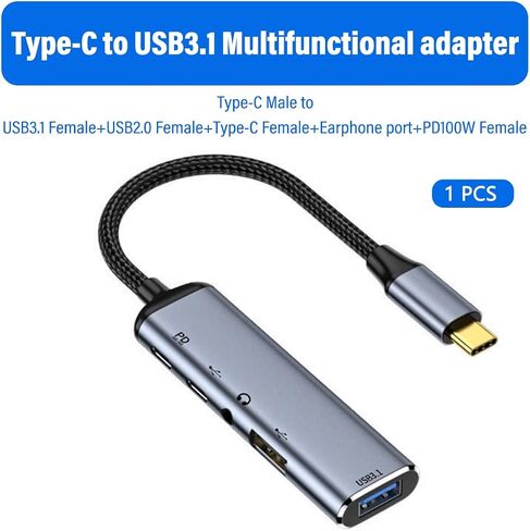 محول محور USB-C من النوع C إلى USB3.1 5 في 1، من النوع C ذكر إلى usb2.0+Type-c2.0+PD منفذ شحن سريع 100 وات + محول منفذ سماعة أذن 3.5 مم للكمبيوتر اللوحي والهاتف والكمبيوتر المحمول (محول من النوع C إلى USB3.1 5 في 1) in Saudi Arabia