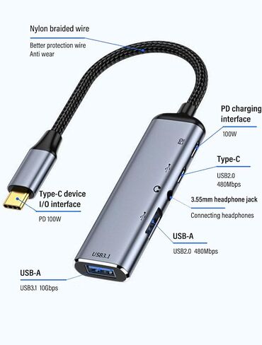 محول محور USB-C من النوع C إلى USB3.1 5 في 1، من النوع C ذكر إلى usb2.0+Type-c2.0+PD منفذ شحن سريع 100 وات + محول منفذ سماعة أذن 3.5 مم للكمبيوتر اللوحي والهاتف والكمبيوتر المحمول (محول من النوع C إلى USB3.1 5 في 1) in Saudi Arabia
