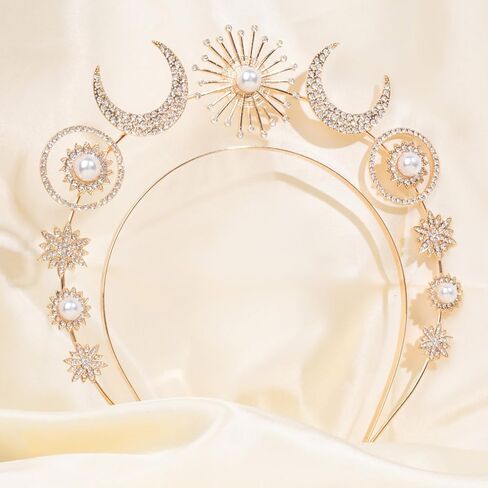 Oaoleer Halo Crown Moon Stars Goddess Crown for Women Girls, Halo Headband Tiaras Bridal Wedding Headpiece Halloween Headbands Cosplay in Kuwait