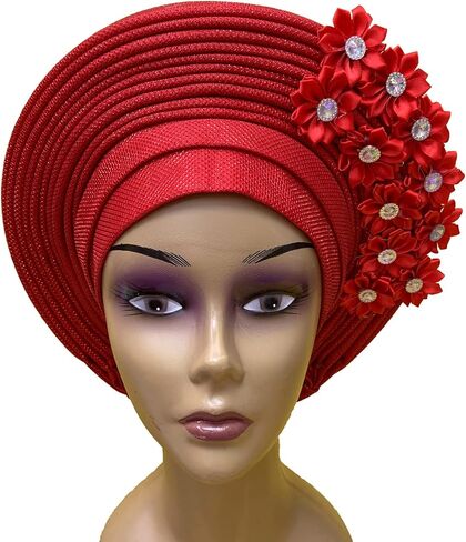 African Headtie Turban Nigerian Muslim Headwear Gele Head Wrap Sego Auto Gele Headties Already Made Women's Headband For Party (Red) in Kuwait