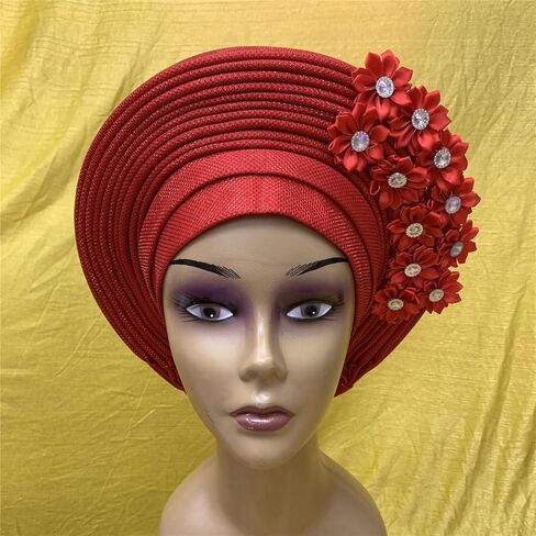 African Headtie Turban Nigerian Muslim Headwear Gele Head Wrap Sego Auto Gele Headties Already Made Women's Headband For Party (Red) in Kuwait