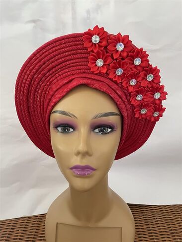 African Headtie Turban Nigerian Muslim Headwear Gele Head Wrap Sego Auto Gele Headties Already Made Women's Headband For Party (Red) in Kuwait