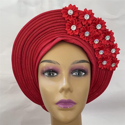 African Headtie Turban Nigerian Muslim Headwear Gele Head Wrap Sego Auto Gele Headties Already Made Women's Headband For Party (Red) in Kuwait