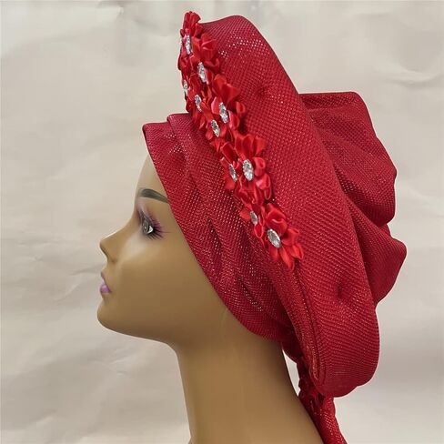 African Headtie Turban Nigerian Muslim Headwear Gele Head Wrap Sego Auto Gele Headties Already Made Women's Headband For Party (Red) in Kuwait