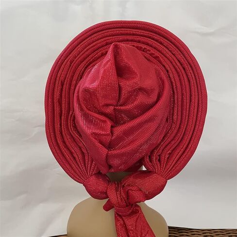 African Headtie Turban Nigerian Muslim Headwear Gele Head Wrap Sego Auto Gele Headties Already Made Women's Headband For Party (Red) in Kuwait