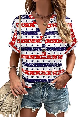 Women's Floral Tunic Tops Summer Casual V Neck Short Sleeve Fashion Blouse T-Shirts with Button in Saudi Arabia