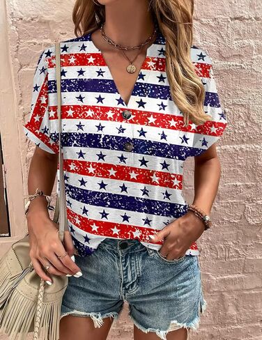 Women's Floral Tunic Tops Summer Casual V Neck Short Sleeve Fashion Blouse T-Shirts with Button in Saudi Arabia