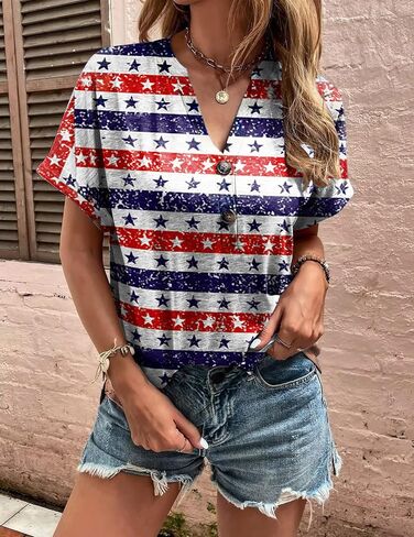 Women's Floral Tunic Tops Summer Casual V Neck Short Sleeve Fashion Blouse T-Shirts with Button in Saudi Arabia