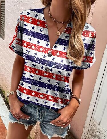 Women's Floral Tunic Tops Summer Casual V Neck Short Sleeve Fashion Blouse T-Shirts with Button in Saudi Arabia