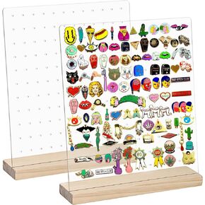 JUXYES Pack of 2 Clear Acrylic Enamel Pin Display Stand with Wooden Base, Tabletop Pin Organizer Display Storage Stand, Enamel Pin Display Holder for Award Badges Pins Collectible, hold Up To 132 Pins