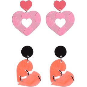 2 pairs Love Heart Dangle Earrings for Valentine's Day Women Girls 70s 80s Unique Lightweight Geometric Resin Pink Heart Dangle Drop Earrings Jewelry