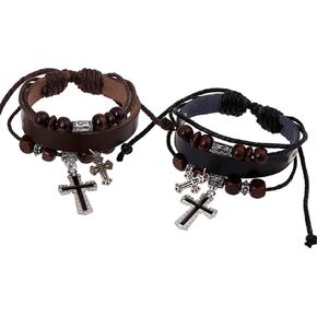 مجموعة أساور جلدية مصنوعة يدويًا من SMALLLOVE للرجال والنساء، سوار كلاسيكي مزين بالخرز المتقاطع باللون الأسود، سوار قابل للتعديل in Kuwait