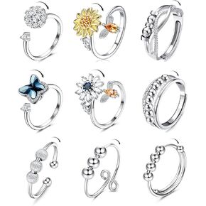 sailimue 9Pcs Fidget Anxiety Rings for Women Spinner Fidget Rings for Anxiety Adjustable Cubic Zirconia Flower Butterfly Sunflower Bead Stress Relief Spinning Stackable Ring Set with Box