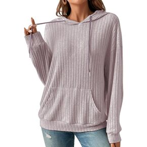 هوديس نسائي ناعم 2023 سويت شيرت منسوج مضلع قابل للتمدد وأكمام طويلة بلوفر أنيق مع جيوب in Kuwait