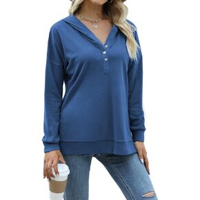 Womens Casual Button Hoodies Long Sleeve Sweatshirts V Neck Loose Sweaters Side Split