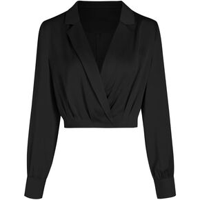 Women's Elegant Satin Wrap Crop Tops Long Sleeve Silk Shirt with Half Zipper in Kuwait
