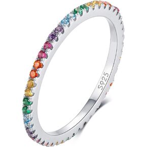 925 Sterling Silver Colorful Ring, Colorful CZ Simulated Diamond Band Ring for Anniversary Promise Wedding Engagement, Jewellery Gifts For Women Girls Ladies