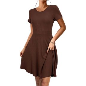 Newshows Womens 2024 Summer Dresses Short Sleeve Beach Vacation Outfits A-Line Swing Ribbed Knit Casual Sundress with Pockets