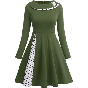Women Vintage Polka Dot 1950s Audrey Retro Rockabilly Prom Dress 50s Long Sleeve Patchwork Cocktail Party Swing Dress