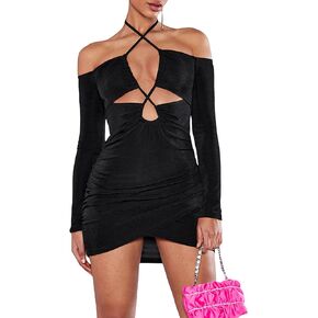 WDIRARA Women's Cut Out Crisscross Halter Sexy Long Sleeve Party Ruched Bodycon Mini Dress