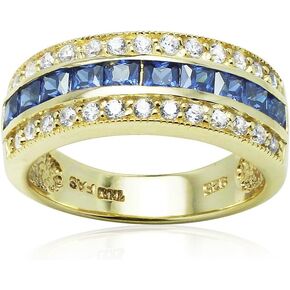Hoops & Loops Yellow Gold Flashed Sterling Silver Blue Cubic Zirconia Channel Set Bamd Ring