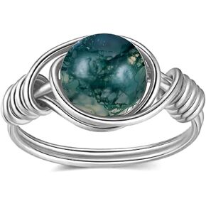 OPALead Natural Moss Agate Ring Handmade Wire Wrap Beaded Braided Ring Ring for Women Jewelry Gift
