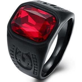Black Stainless Steel Red Crystal Signet Biker Ring