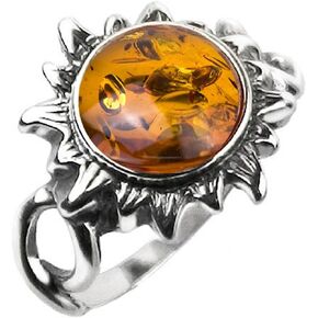 Amber and Sterling Silver Medium Flaming Sun Ring