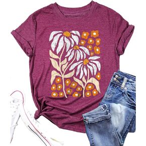 Vintage Flowers Tshirt Women Boho Distressed Wildflowers Graphic Tee Casual Short Sleeve Nature Shirts Tops