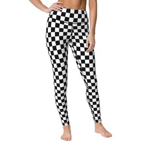 Women High Waisted Leggings Black White Race Checkered Flag Pattern Yoga Pants Tummy Control for Running Sports