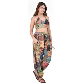 Hippie Forever Women's Patchwork boho pant & top 2 pieces Outfits Sets Backless Tops and High Waisted Pants Jogger Sets