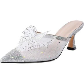 AUMOTED Women's Silver Rhinestone Heels Kitten Heel Sandals Pointed Toe Slip On Heeled Mule with Bow Sparkly Glitter Dress Mesh 2.5 Inch Summer Heels Silver US Size 8.5