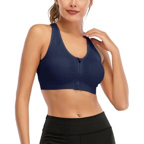 Women's Zip Front Closure Sports Bra - Seamless Wirefree Post Surgery Bra Removable Cups Workout Yoga Sport Bra Navy Blue
