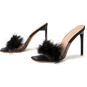 النساء الأرنب الأبيض الفراء واضح اللمحة تو النعال ساحة تو الخناجر الشرائح صندل كعب عالٍ شفاف بولي كلوريد الفينيل البغال أحذية الحفلات in Kuwait