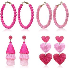 Hot Pink Heart earrings Set, S925 Sterling Silver Hoop Earrings Heart Earrings for Women Girls Various 18K Hoop Hearts Earrrings Hypoallergenic Hoop Earrings
