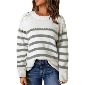 Dokotoo Womens Crewneck Long Sleeve Sweaters Fashion Striped Knitted Color Block Pullover Sweater Jumper Tops