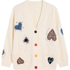 Xunger Women's Embroidered Cardigan Sweater Open Front Button Down Cable Knit Coat with Pockets