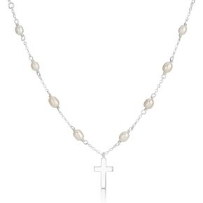 Sterling Silver Chain, Pearl & Cross Necklace For Girls and Women. Delicate Pendant Teen Jewelry Present For Holy Communion, Flower Girl Gift, Birthday, Sweet 16