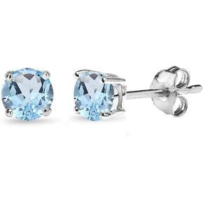 Sterling Silver Round-Cut Solitaire Blue Topaz Stud Earrings for Women Girls
